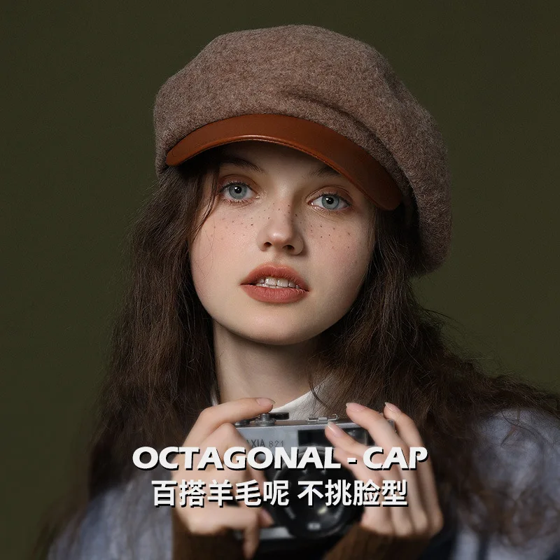 Vintage Beret Girl Warm Knitting Versatile Artist Felt Hat Winter Autumn Women Retro Big Head Wool Octagonal Cap Female Berets