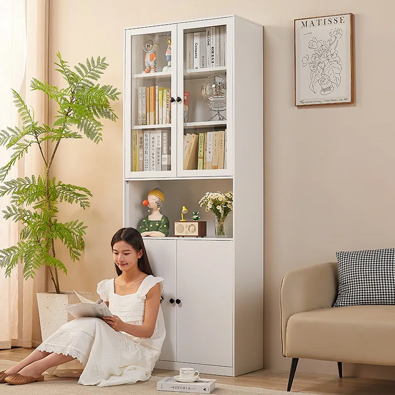 Floor To Wall Household Children's Living Room Simple Glass Door Dustproof Short Steel Bookshelf Dining Side Cabinet