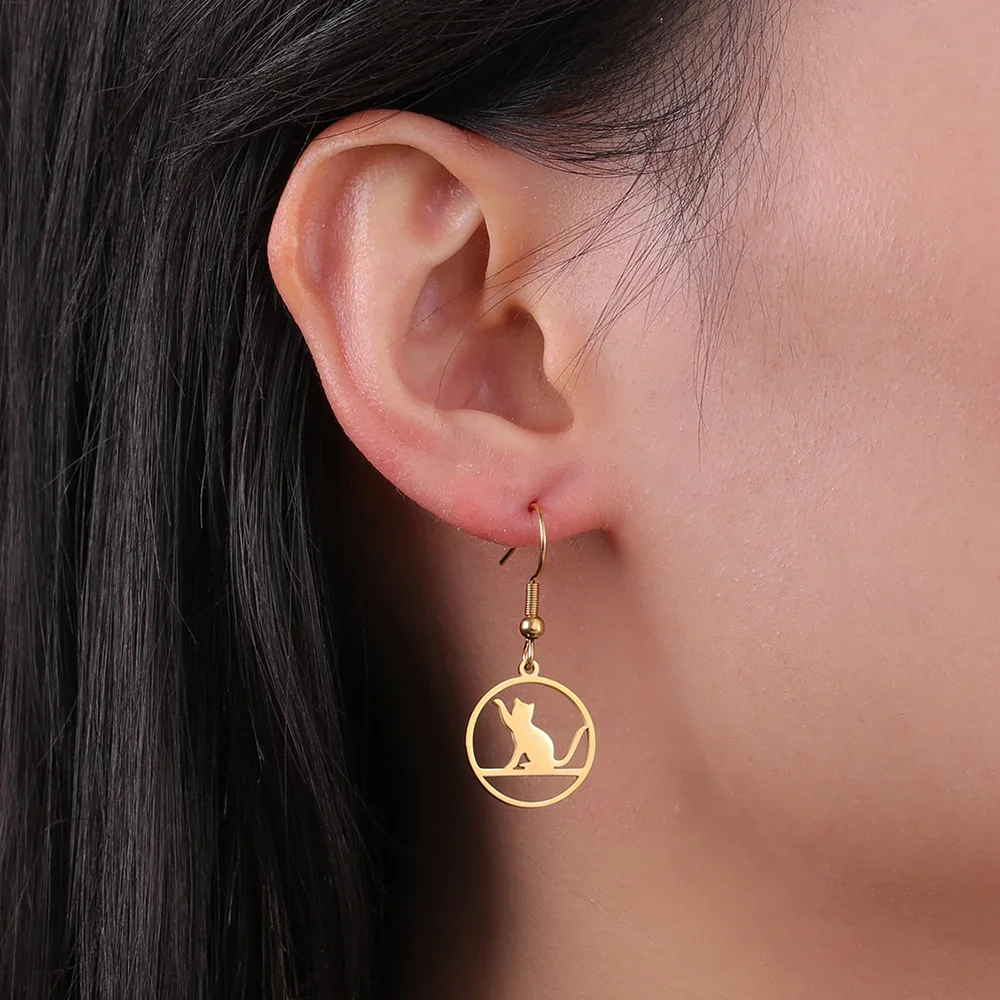 Cazador Круглые Подвесные серьги из нержавеющей стали в виде животных, котят, висячие серьги золотого цвета для женщин и девушек, ювелирные изделия, рождественский подарок