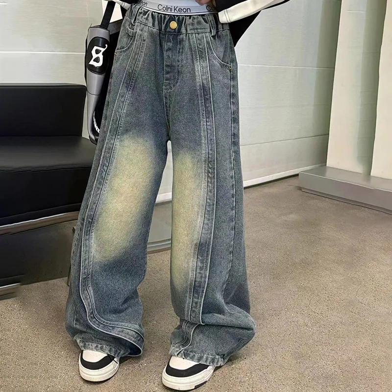 Teenage Girls Pants Fashion Spliced Design Floor Jeans Trousers Kids Wide-leg Denim Pants for 5 7 9 11 13 Years Children Bottoms