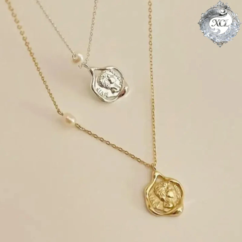 

Серебряное колье XCL из 100% стерлингового серебра 925 пробы с жемчужной монетой и портретом, винтажная цепочка, панк-эстетика, модные украшения для женщин