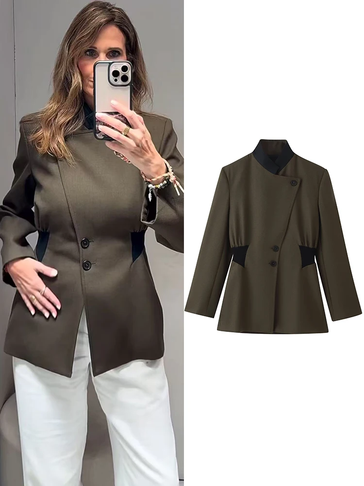 TFMLN New Women Blazer Coat High Stand Collar Slim Irregular Side Buttons Suit Jackets Vintage Commute Elegant Outerwear