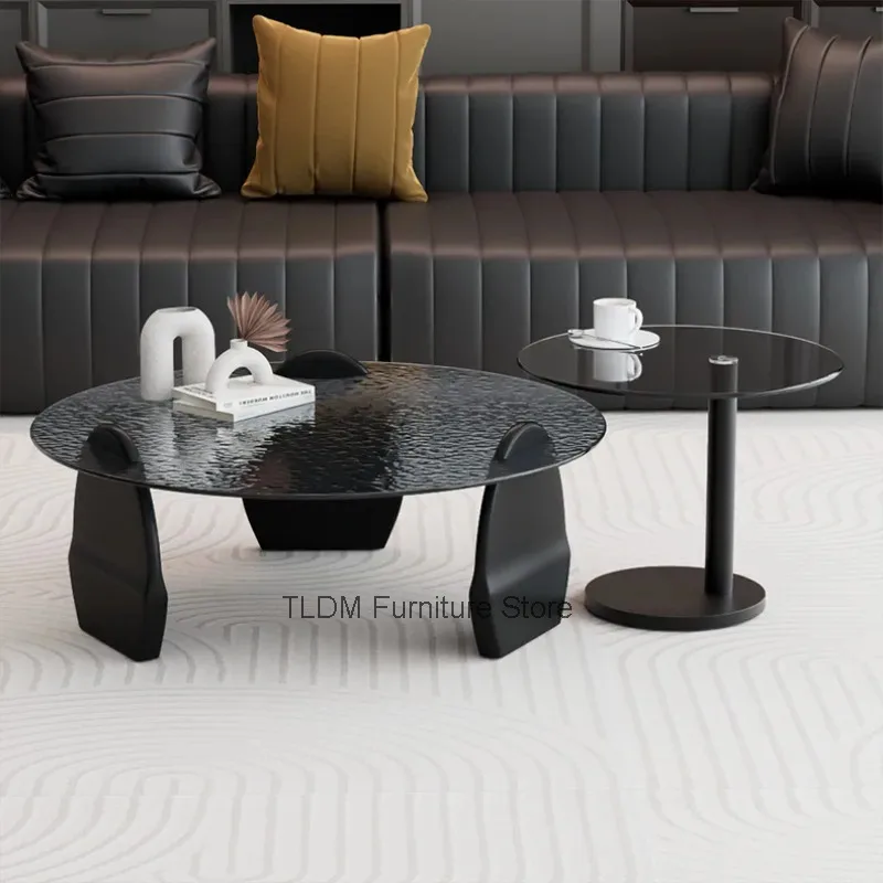 Modern Nested Round Coffee Table Hammered Glass Top Metal Base Living Room Center Table Home Furniture Decor