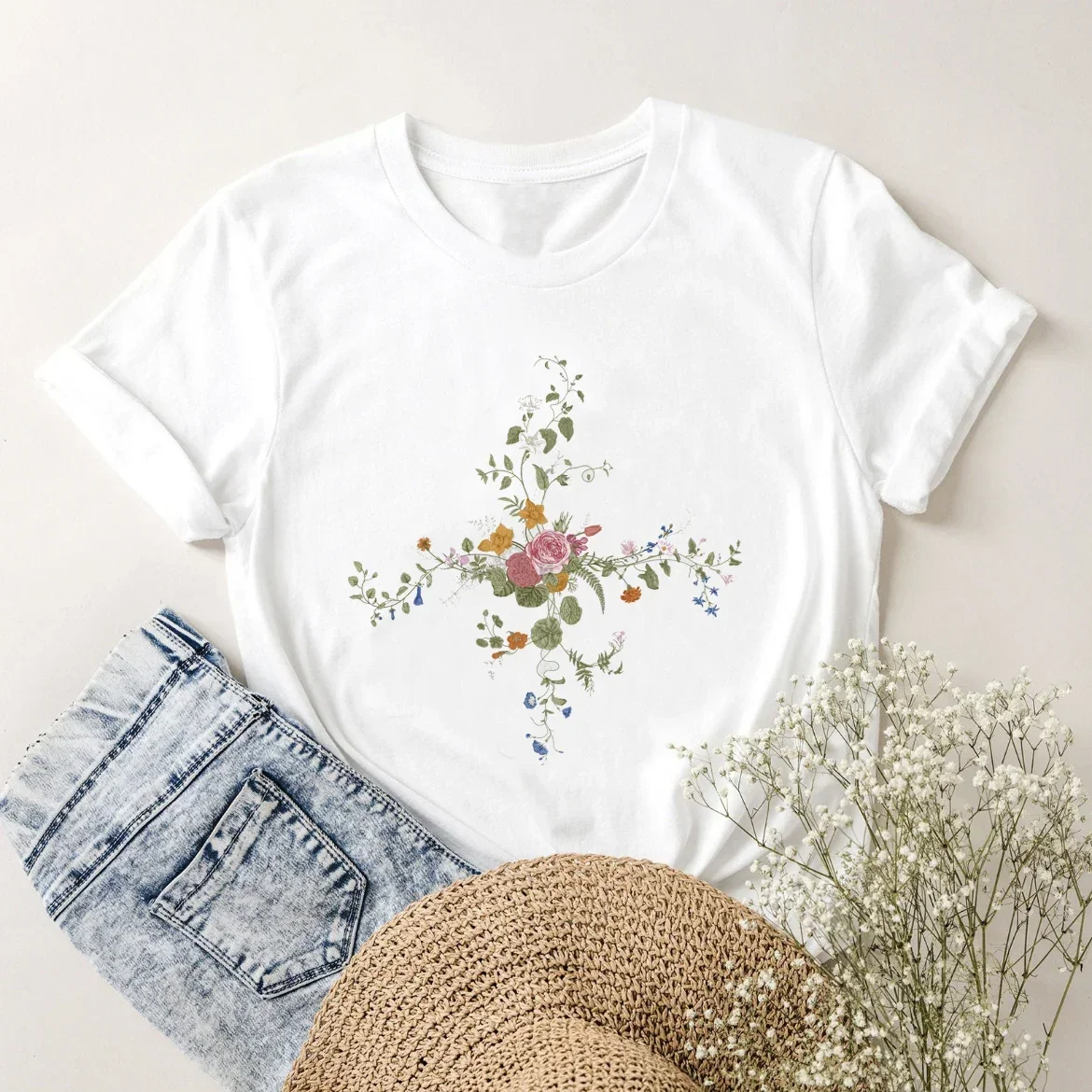 T-shirt de manga curta para mulheres, roupas soltas e casuais, com flores e plantas, moda verão, anos 90
