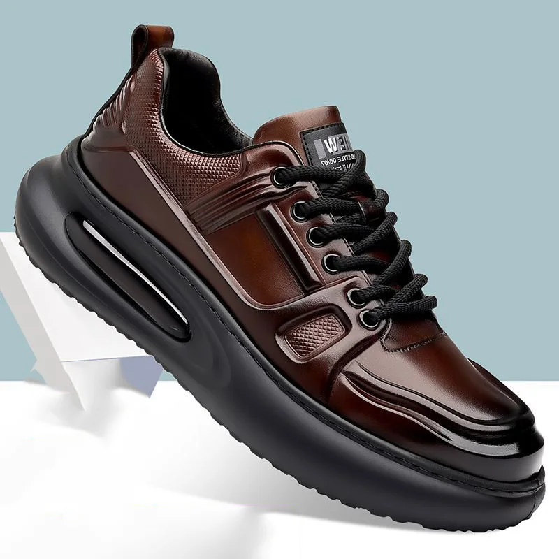 Genuine Leather Shoes Men Shock Absorption Shoe Sports Walking Athletic Shiny Leather Air Cushion Sneakers Lightweight Business