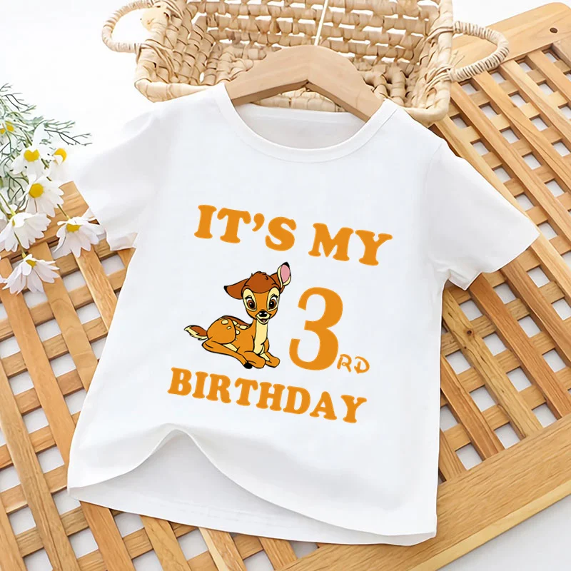 Cute Deer Bambi Print Cartoon Kids T shirt It's My 1 2 3 4 5 6 7 8 9 Years Birthday Baby Girls Clothes Children Boys T-Shirts