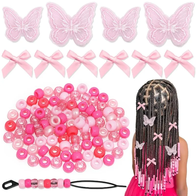 100PCS Hair Beads Kit with Bows & Butterfly Clips, Gradient Pink Acrylic Pony Beads with Beader Tool for Box Braids,Dreadlock JH