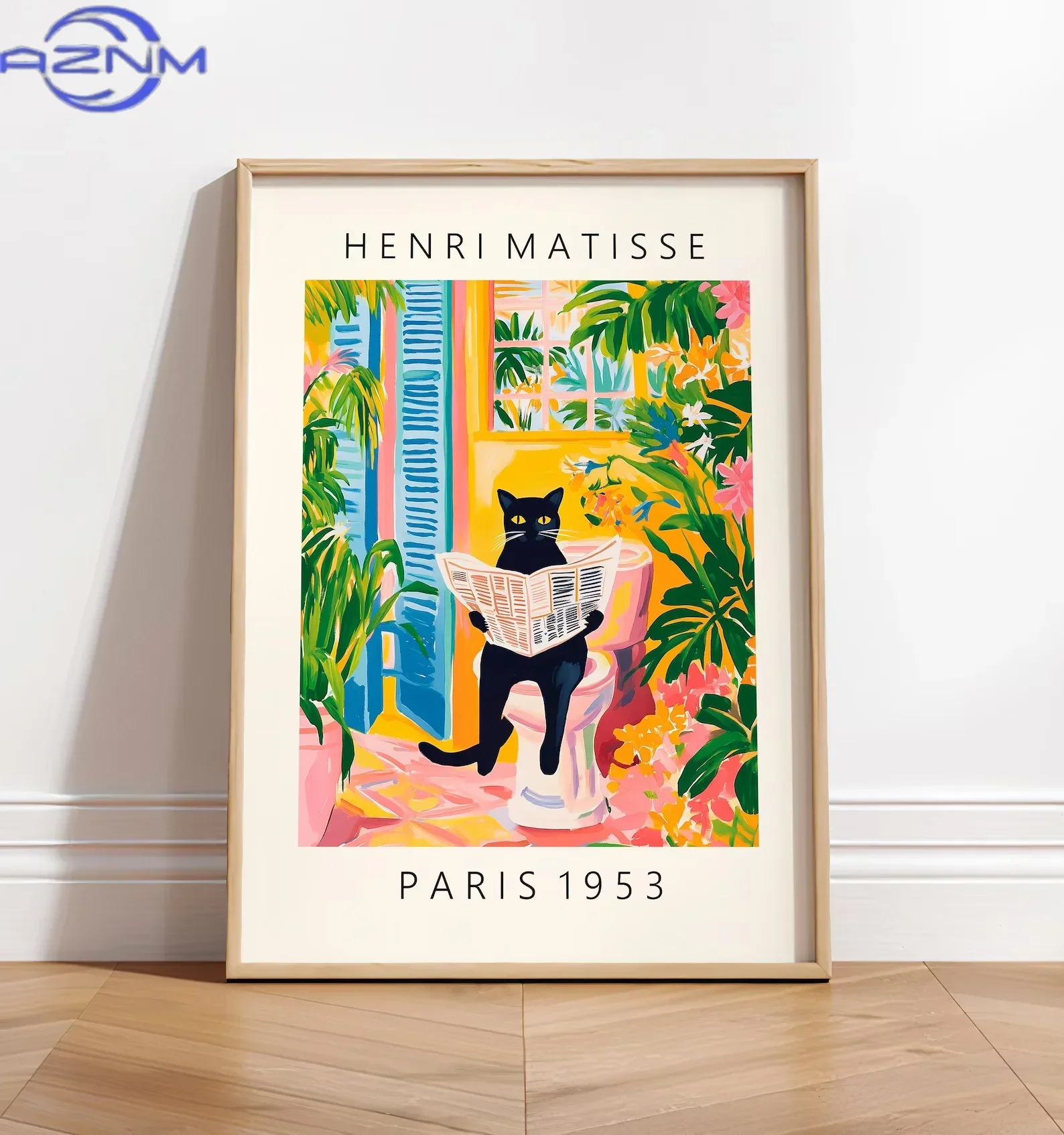 AZNM Matisse Style Series Animal Pooping Canvas Wall Art Poster, Unframed Modern Black Cat Reading Newspaper Prints for Toilet D