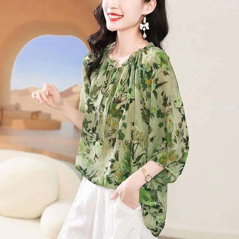 Temperamento impresso camisa de manga média para primavera e outono moda versátil chiffon plissado retalhos solto topo