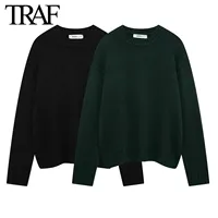 TRAF Flat Needle Loose Pullovers Women Clothing Autumn Winter Knitted Soft Sweater Warm O Neck Rib Hem Chic Female Tops