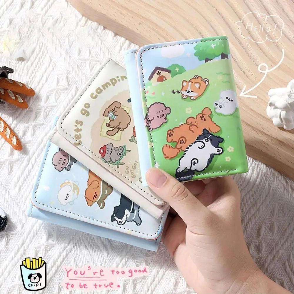 3 Folds Money Coin Purse Cute Kitten Dog PU Leather Credit Card Holoder INS Style Wallet Money Bag for Girls Students Gift