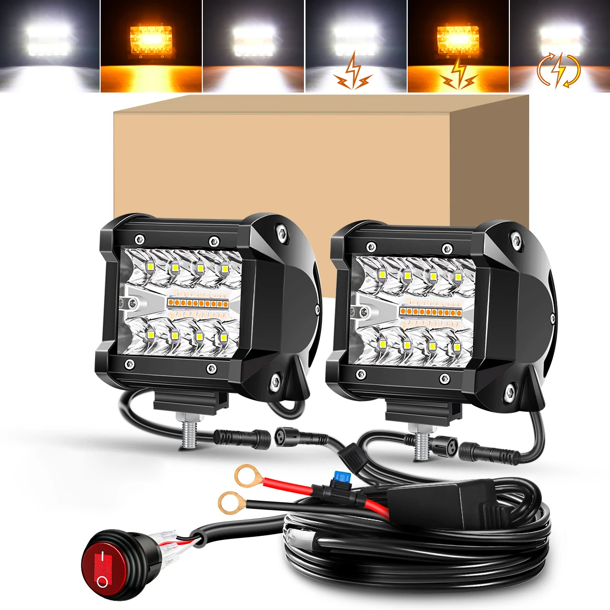 

2PCS 4Inch LED Pods Spot Flood Amber White Light Bar Strobe 6 Modes Kit-2 Lead Memory Function Off-Road Truck Car ATV SUV Boat
