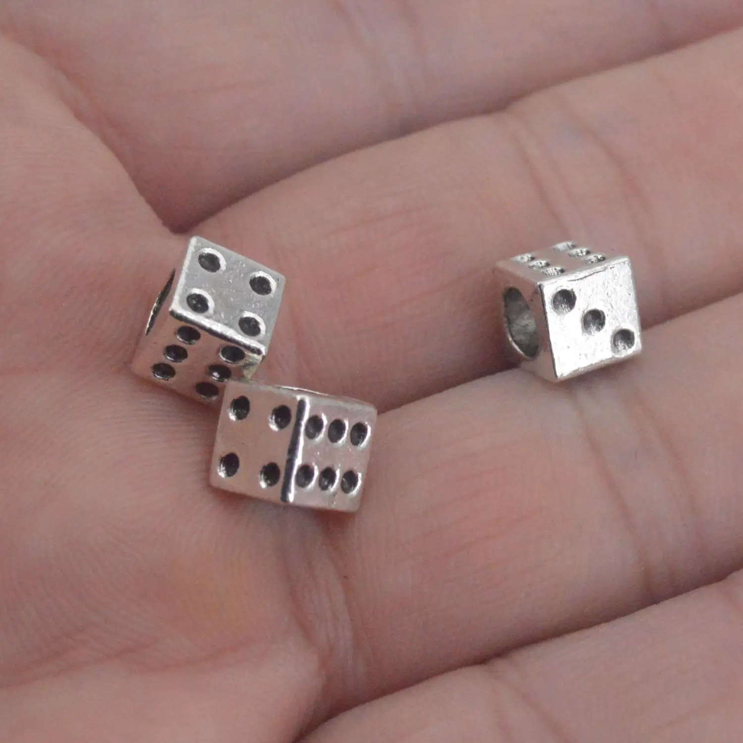 15Pcs 7*7mm Beads Casino Lucky Dice 4.5mm Big Hole Charms European Pendant Fit For Bracelet DIY Antique Silver Color Fit Making