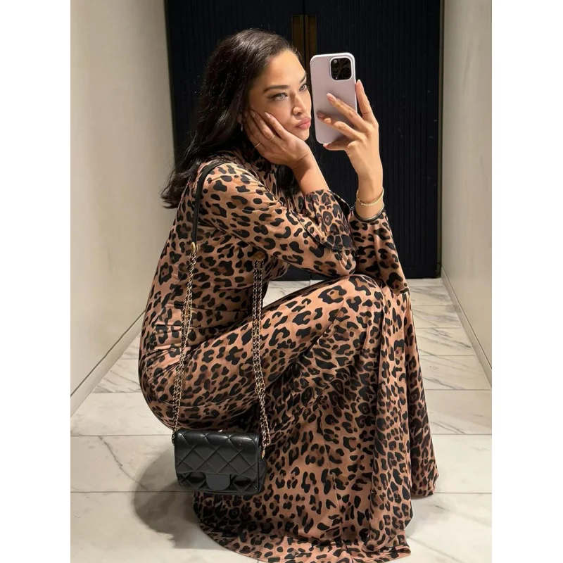 

Summer New Light Mature Style Leopard Print Stand Up Collar And Waist Cinching Sexy Dress