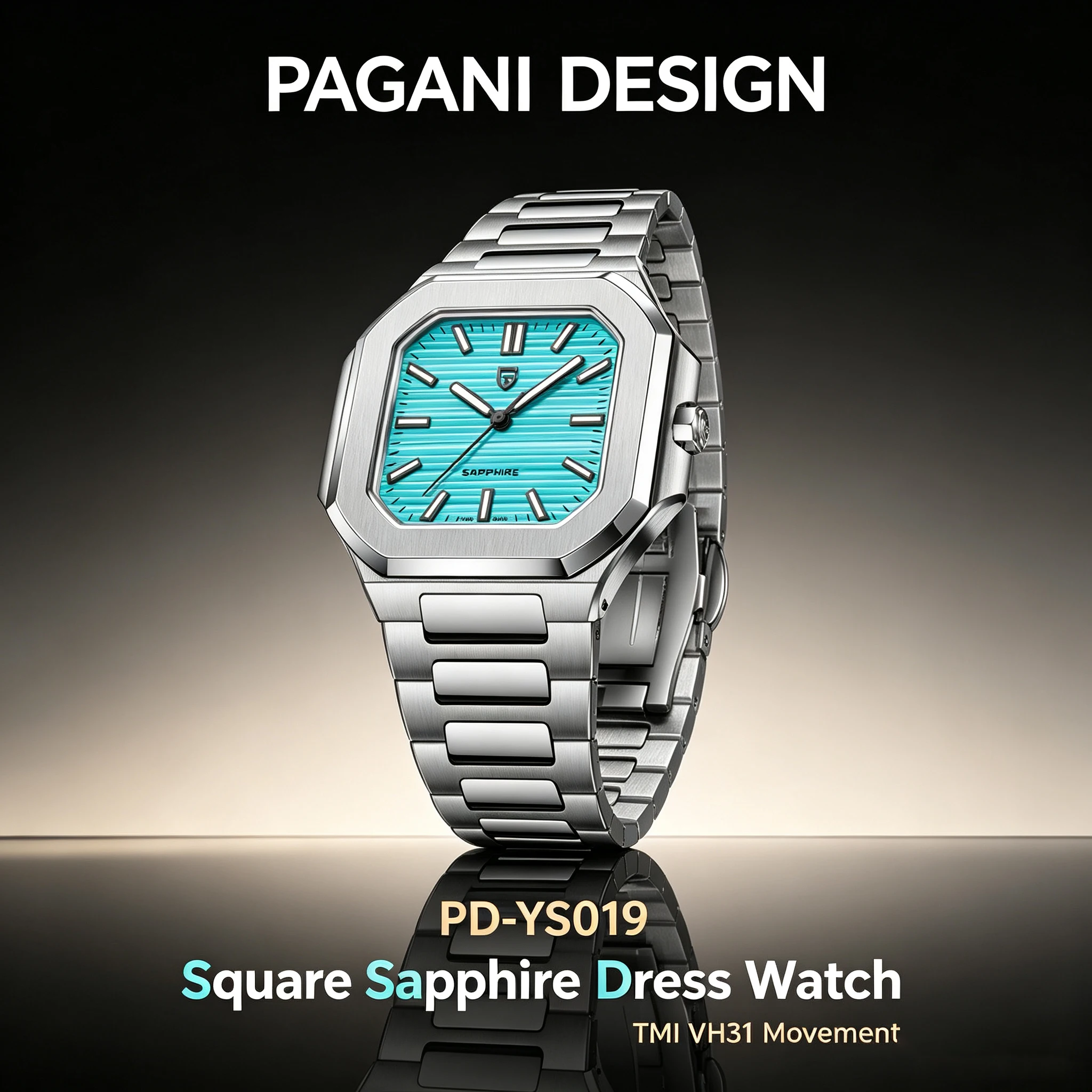 PAGANI DESIGN PD-YS019 Herrenuhr Quadratische Quarzuhr Japan TMI VH31 Tiffany Blaues Zifferblatt Saphirglas Edelstahl