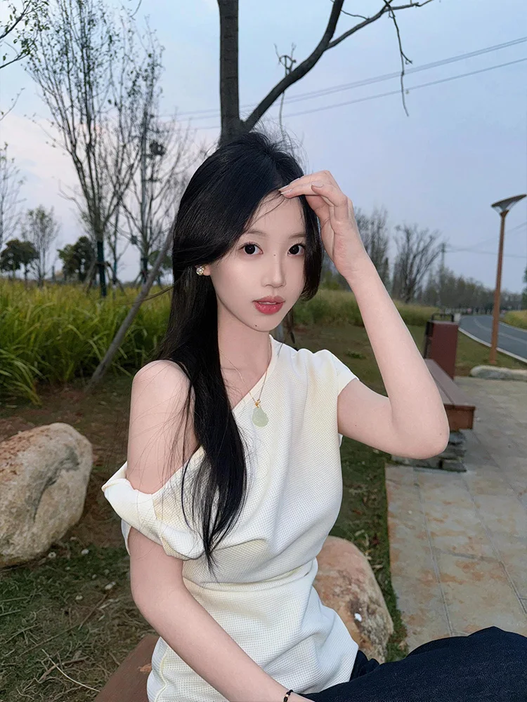 تي شيرت نسائي فريد من نوعه جميل غير متماثل من oulder ort Sve بقصة ضيقة بتصميم كوري Sle صيفي إحساس oul... #3