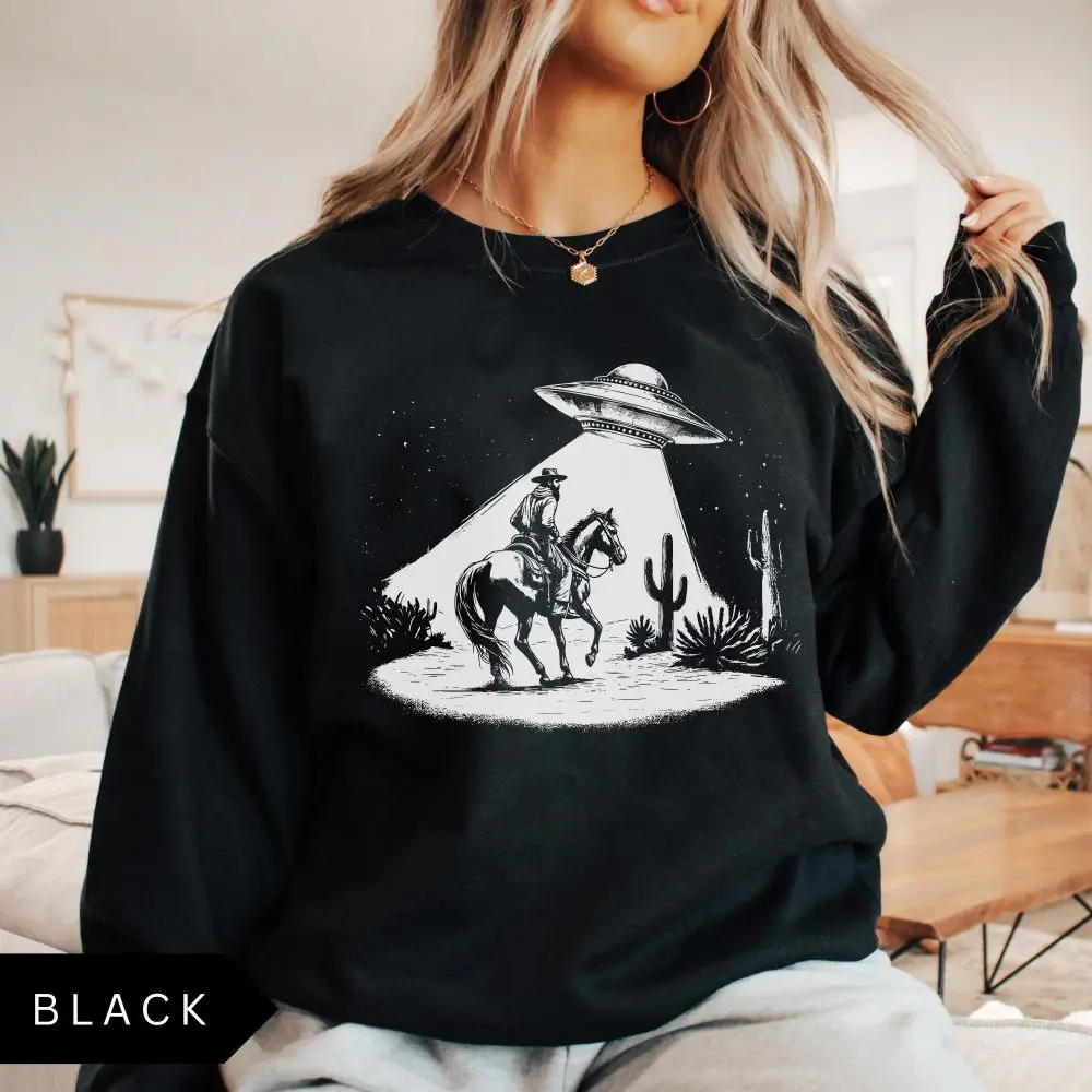 Vintage Ufo Western Cowboy Funny Sweatshirt Gifts For Him Women Casual Basic Tops Loose Y2K Pullovers Street Fleece Sweatshirts