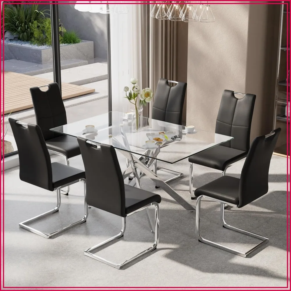 7-Piece Dining Table Set for 6, Modern Glass Table with 6 Upholstered Chairs, Space-Saving