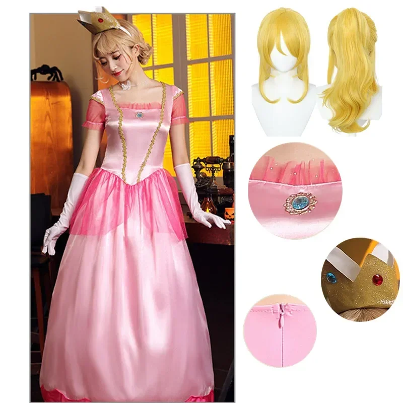 Peach Princess Classic Game Costume Girls Carnival Cosplay Party Pink Dress Birthday Stage Luscious Uniform Headwear Gloves