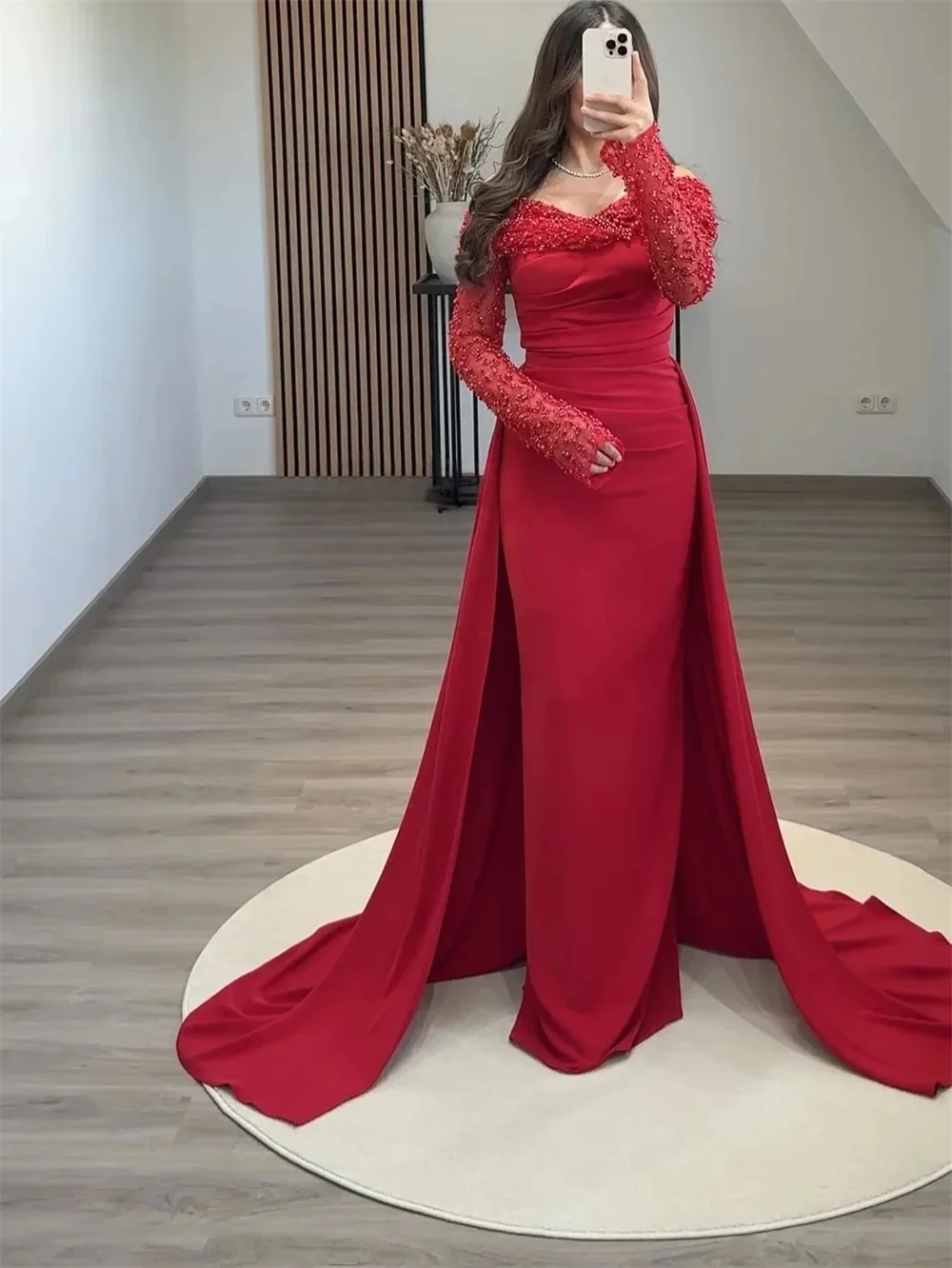 

Red Pearls Party Long Bespoke Occasion Gown Evening Dresses Pastrol Unisex Jersey Retro Dubai Saudi Arabic Prom Customized