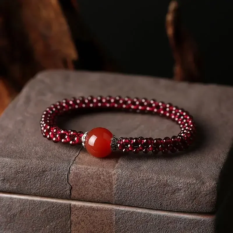 Pulsera de semillas de granada Natural, pulsera elástica tejida negra con dientes morados, pulsera para mujer, regalo de joyería