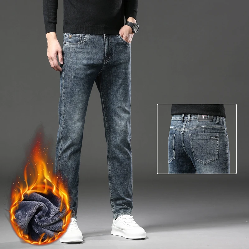 Men's Brand Slim Jeans Thickened Fleece Straight Casual Business Embroidery Fashion Warm Plush Denim Trousers Male Blue Gray