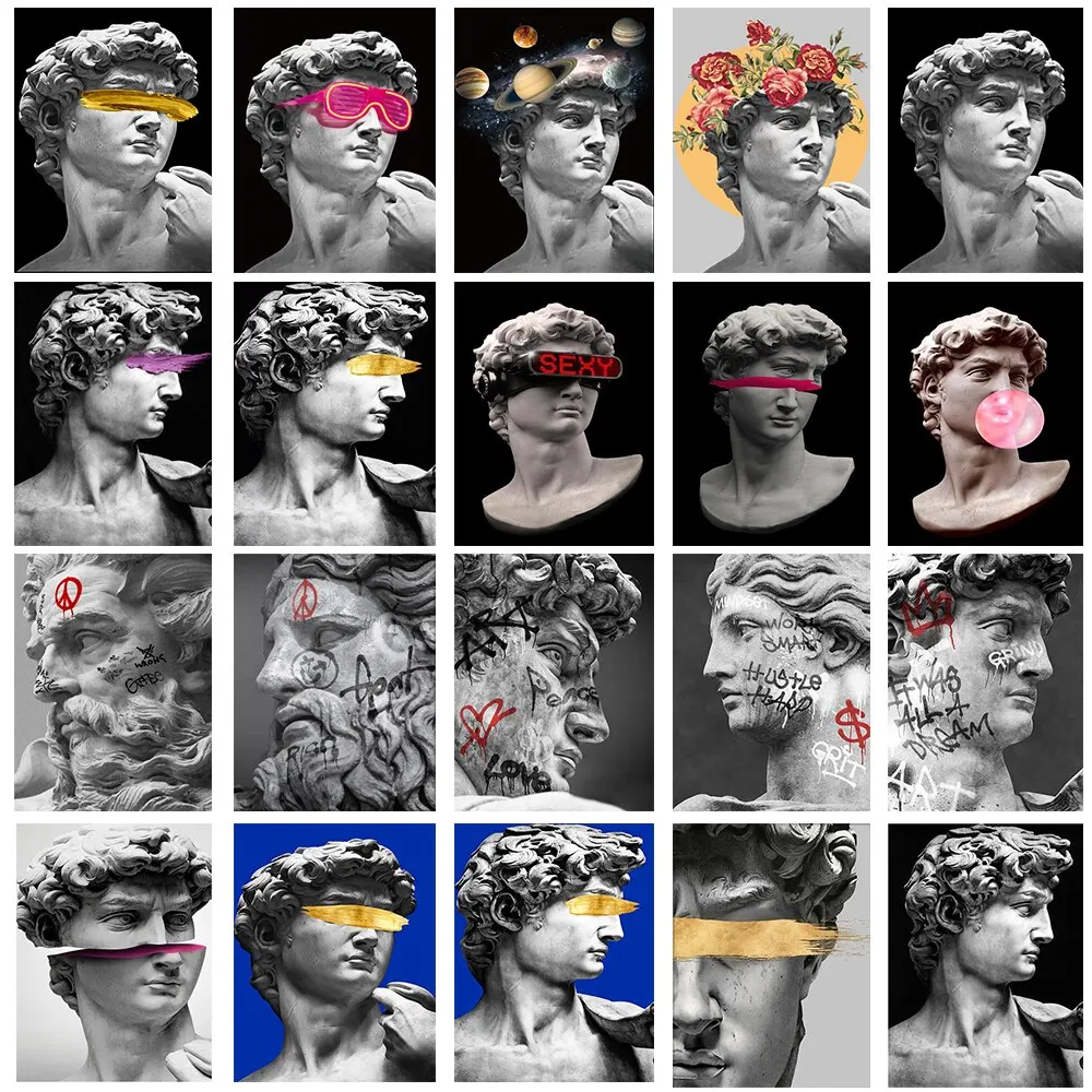 Moderne Graffiti-David-Skulptur, Leinwandkunst, griechische Mythologie, inspirierte Blasenblasen-David-Druck für Wohnzimmer-Wanddekoration