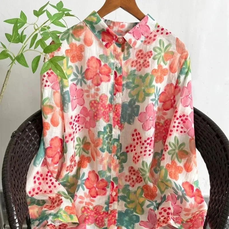 

Women's Floral Print Cotton Button-Up Shirt Japanese Style Long Sleeve Blouse