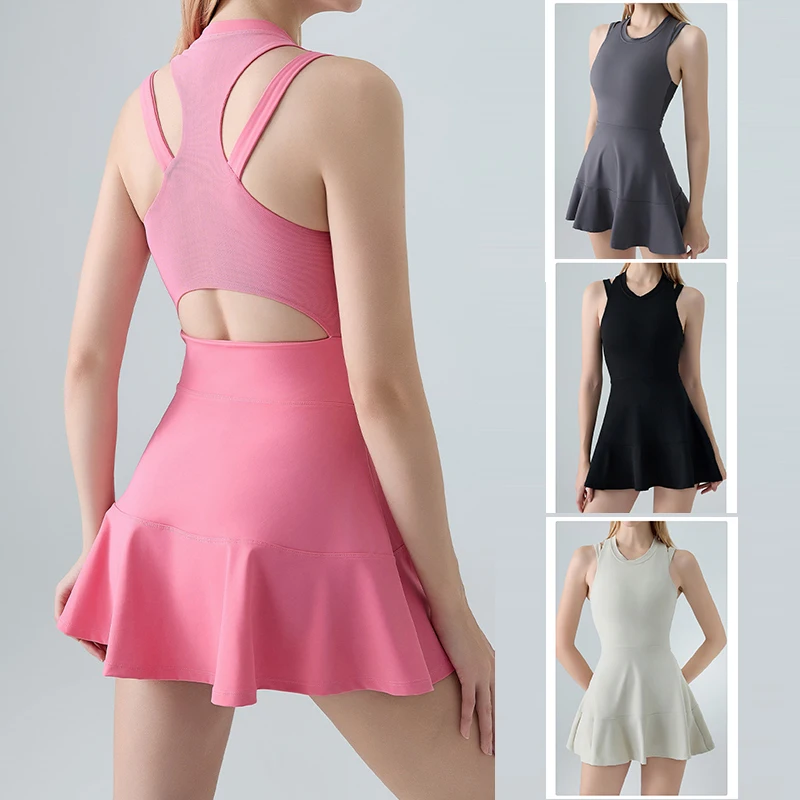 

Womens Round Neck Tennis Dress Sleeveless Slim Workout Dress Backless Hollow Out Athletic Skirts Quick-dry Golf Exercise Skorts