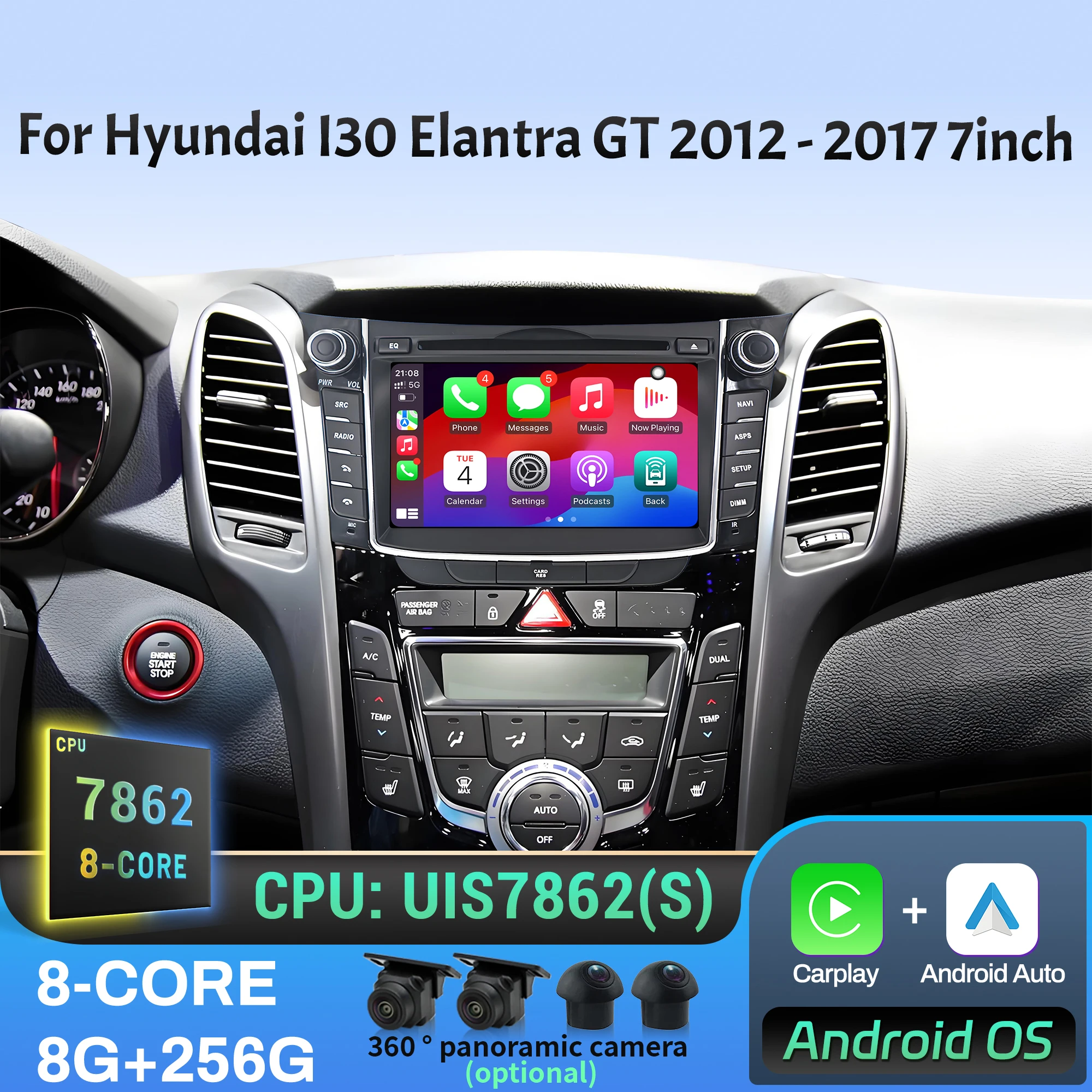 7 inch Android 14 Car Radio For Hyundai I30 Elantra GT 2012 2013 2014 2015 2016 2017 Wireless BT CarPlay Head Unit Screen Stereo