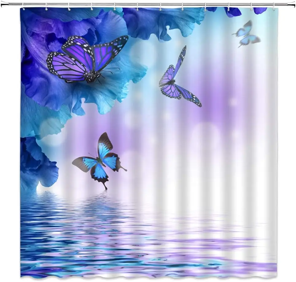 Vibrant Butterfly Floral Shower Curtain Waterproof Tropical Nature Bloom Decoration Polyester Bathroom Shower Liner Aquatic Flor