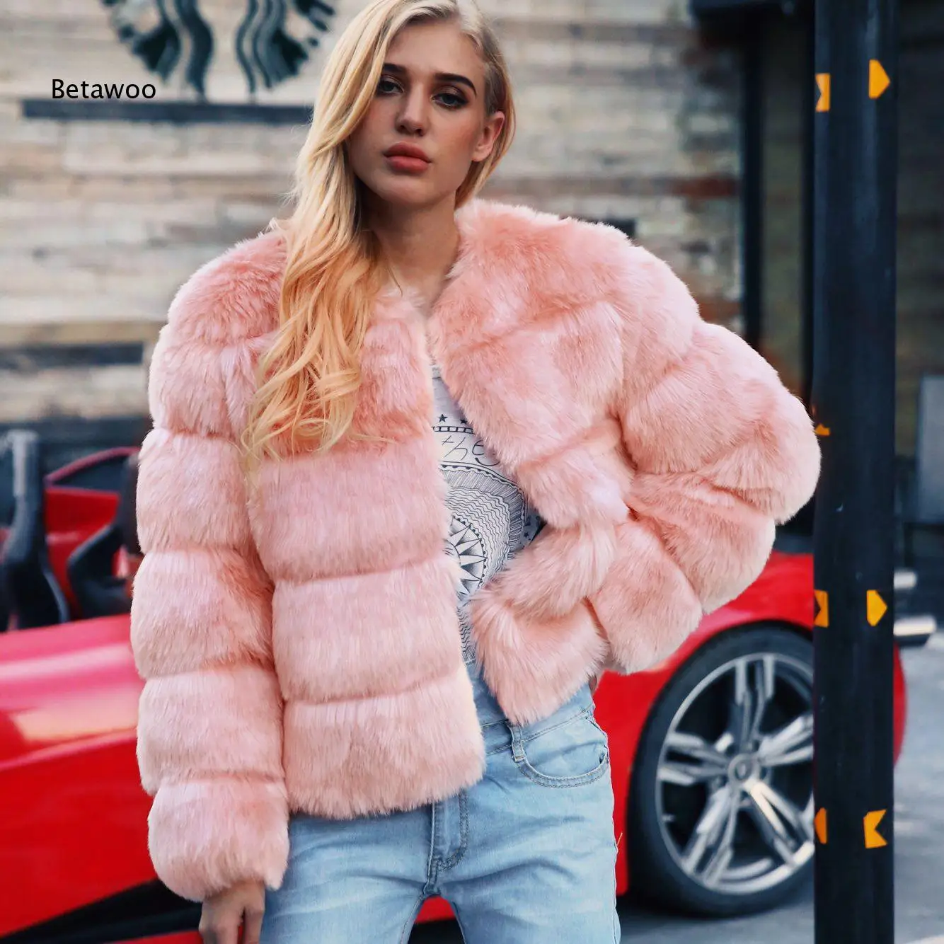 Horizontal Segmented Fluffy Faux Fur Short Coat Round Collar Long Sleeve Loose Fit Warm Fur Jacket for Daily Street Wear