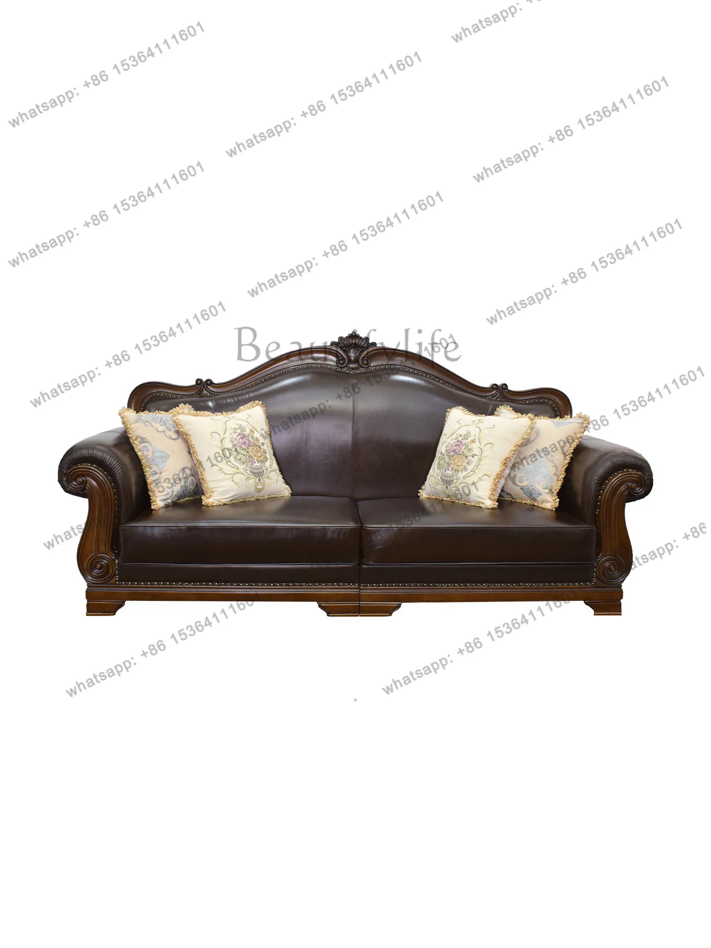 American style retro solid wood leather sofa 123 people combination first layer oil wax leather