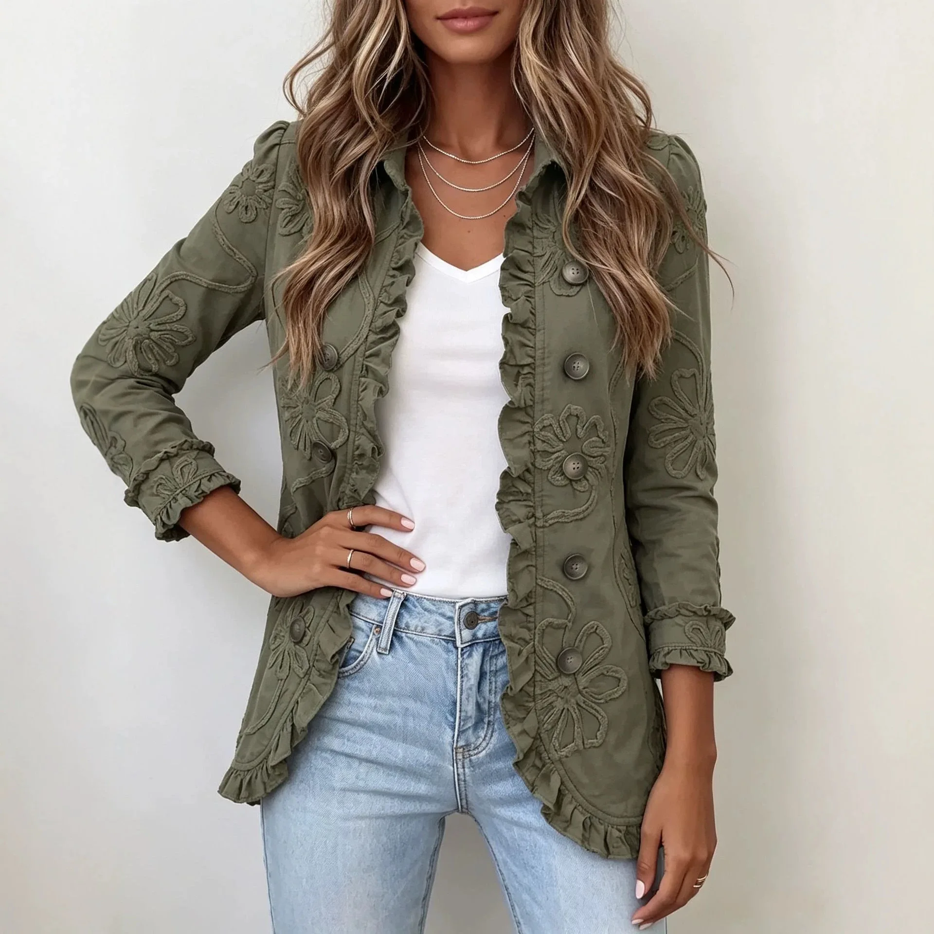 Jacket Women Full Sleeve Double Breasted Turn Down Collar Coats Slim Fit Autumn Casual Print Ruffles Jackets Y2k Streetwear 2026