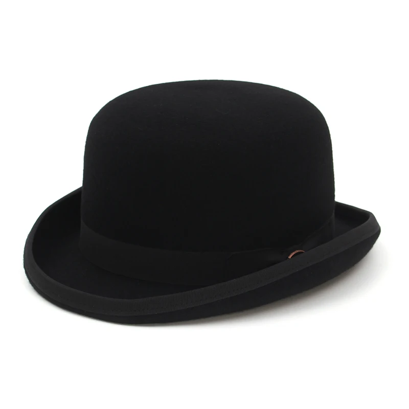 100% filc wełniany czarny melonik Derby dla mężczyzn kobiety satynowa podszewka Fashion Party formalny kostium Fedora czapka magika