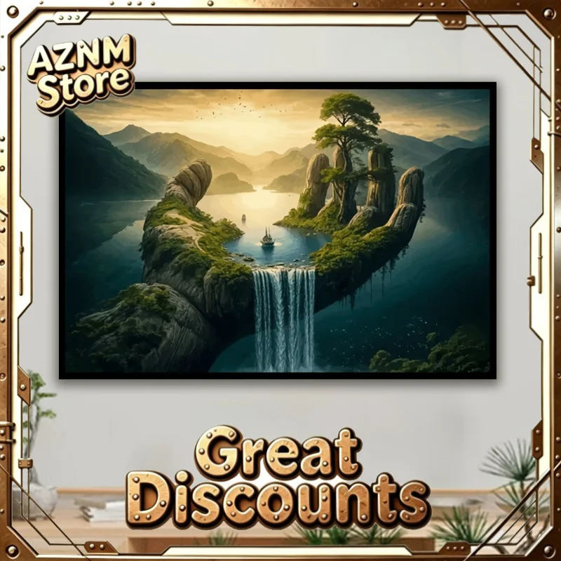 2026 Serene Landscape with Island Waterfall Misty Mountains Poster Prints Canvas Painting Wall Art Picture for Living Room Home 