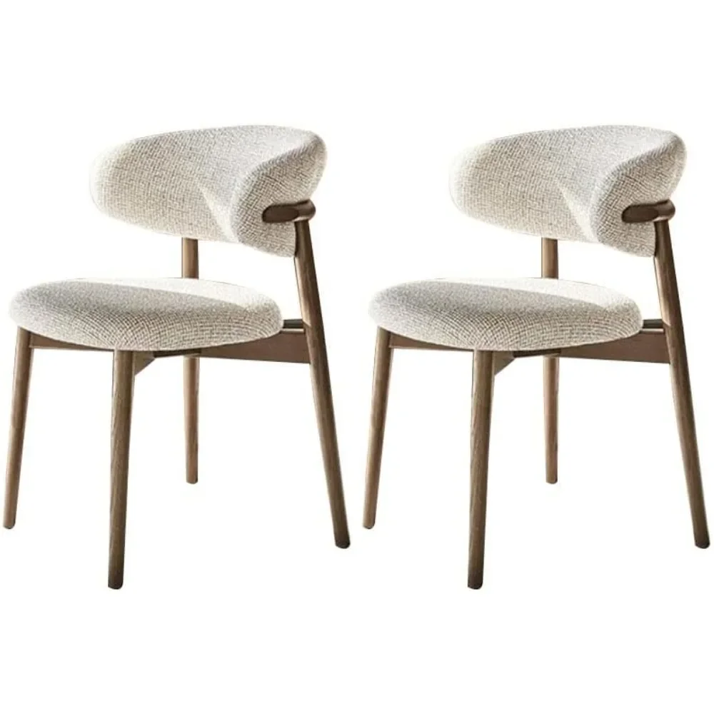 Set of 2 Mid Century Modern Walnut Dining Chairs, Wood Arm Beige Fabric Kitchen Cafe Living Room Decor Furniture with Vintage