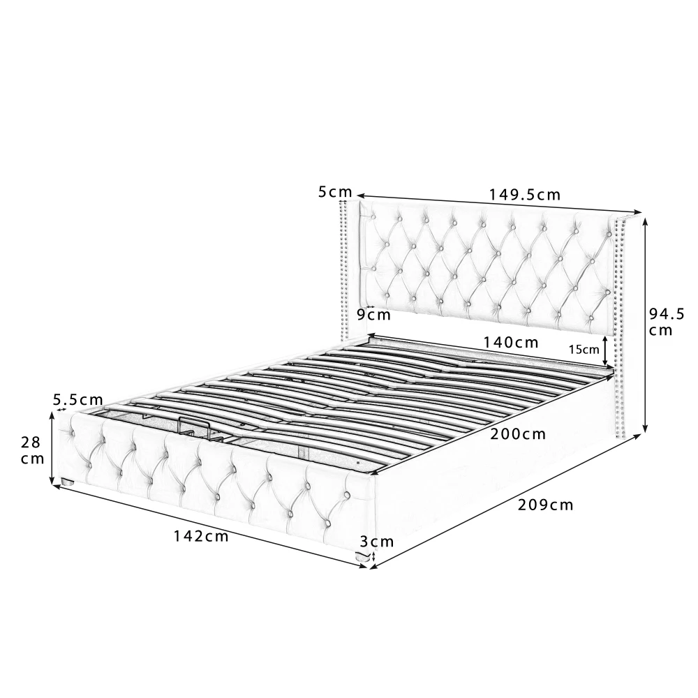 Gepolstertes Doppelbett aus schwarzem Samtflanell mit Nietenknopf und hydraulischem Stauraum (ohne Matratze), 160 x 200 cm oder 180 x 200 cm – Detail 3