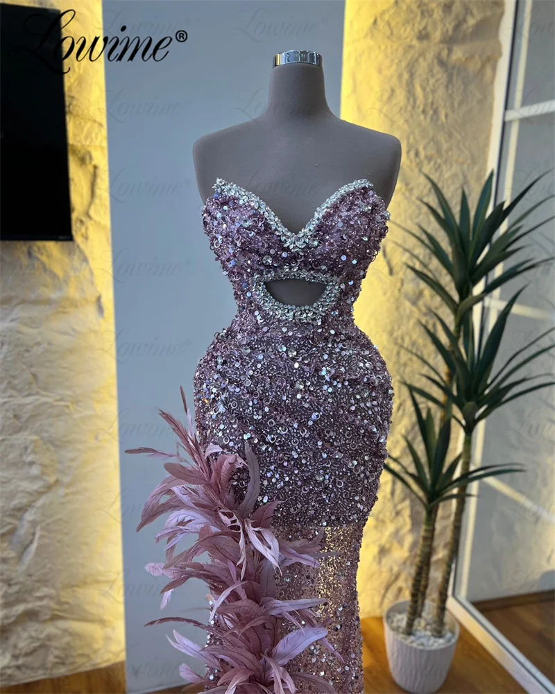 Feathers Celebrity Dresses 2024 Couture Crystal Sequined Mermaid Prom Dresses Arabic Evening Gowns Aso Ebi Wedding Party Dress