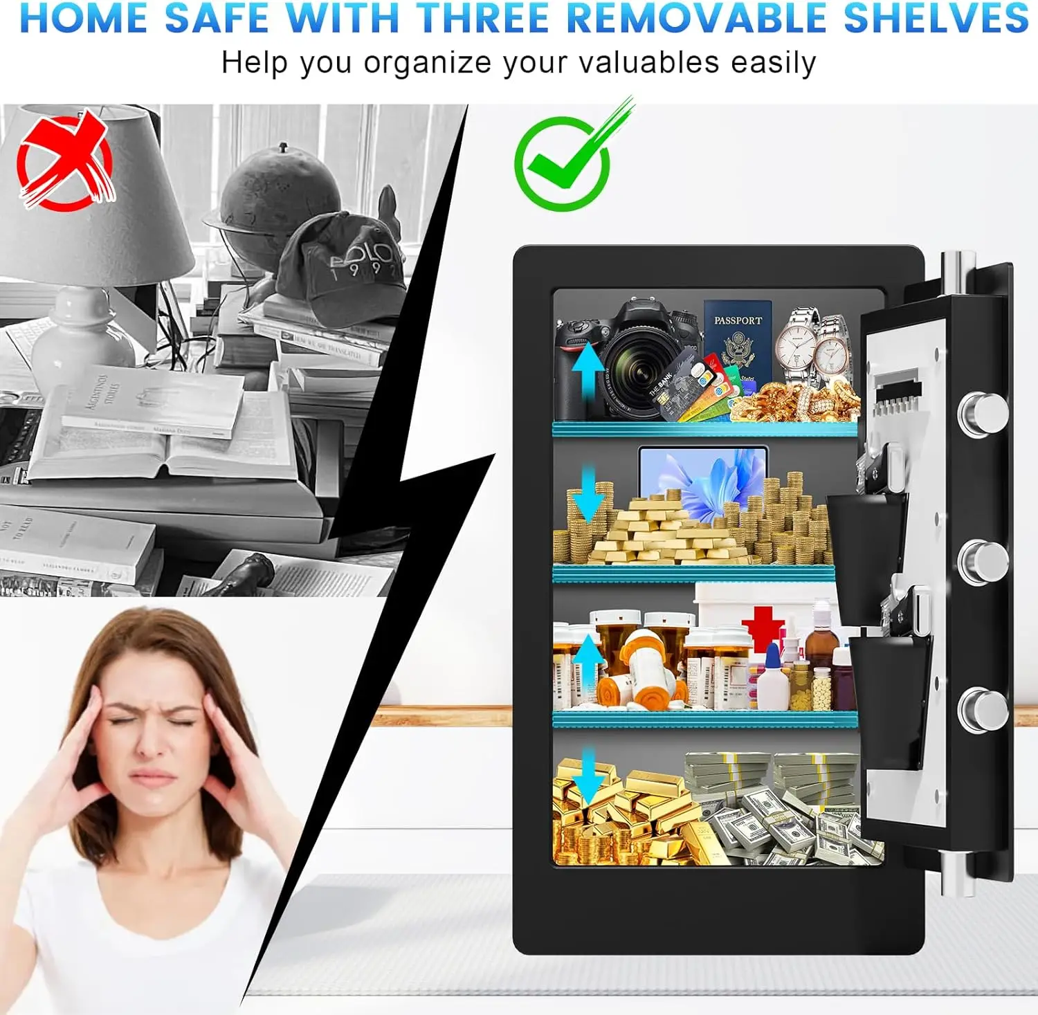 5.1 Cuft Large Biometric Fireproof Safe for Home Use, Quick-Access Fingerprint Safe Box with Fireproof Document Bag, 3 Removable