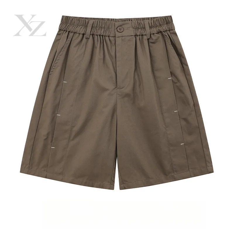 Premium Vintage Casual Walking Shorts for Men – Light Cotton Loose Knee Length Half Elastic Waist with Decorative Stitch