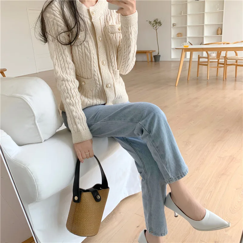 Deeptown White Vintage Women Knitted Cardigan Korean Fashion Long Sleeve Female Sweater Slim Autumn Elegant Knitwear Old Money