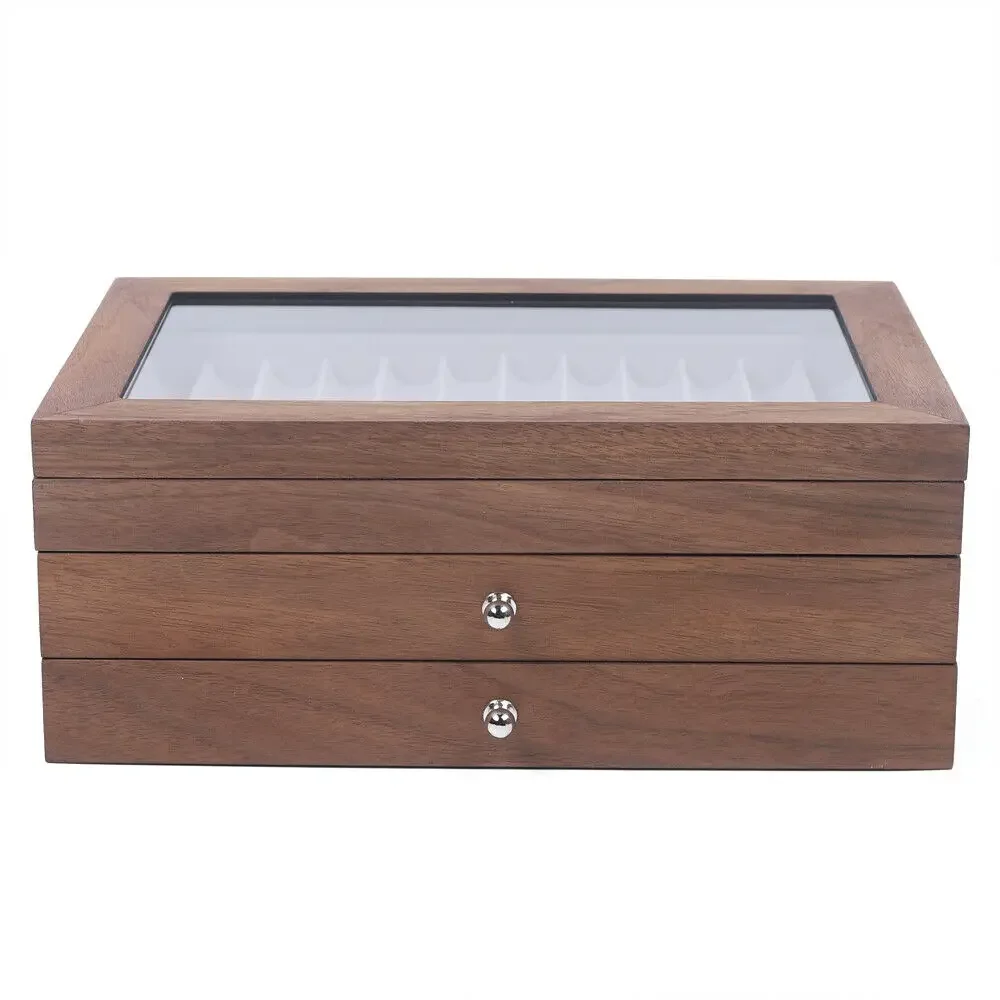 Walnut Wood Show Box Student Stationery Organizer Case For Gift 34 Slots Fountain Pen Storage Case Drawer Cabinet