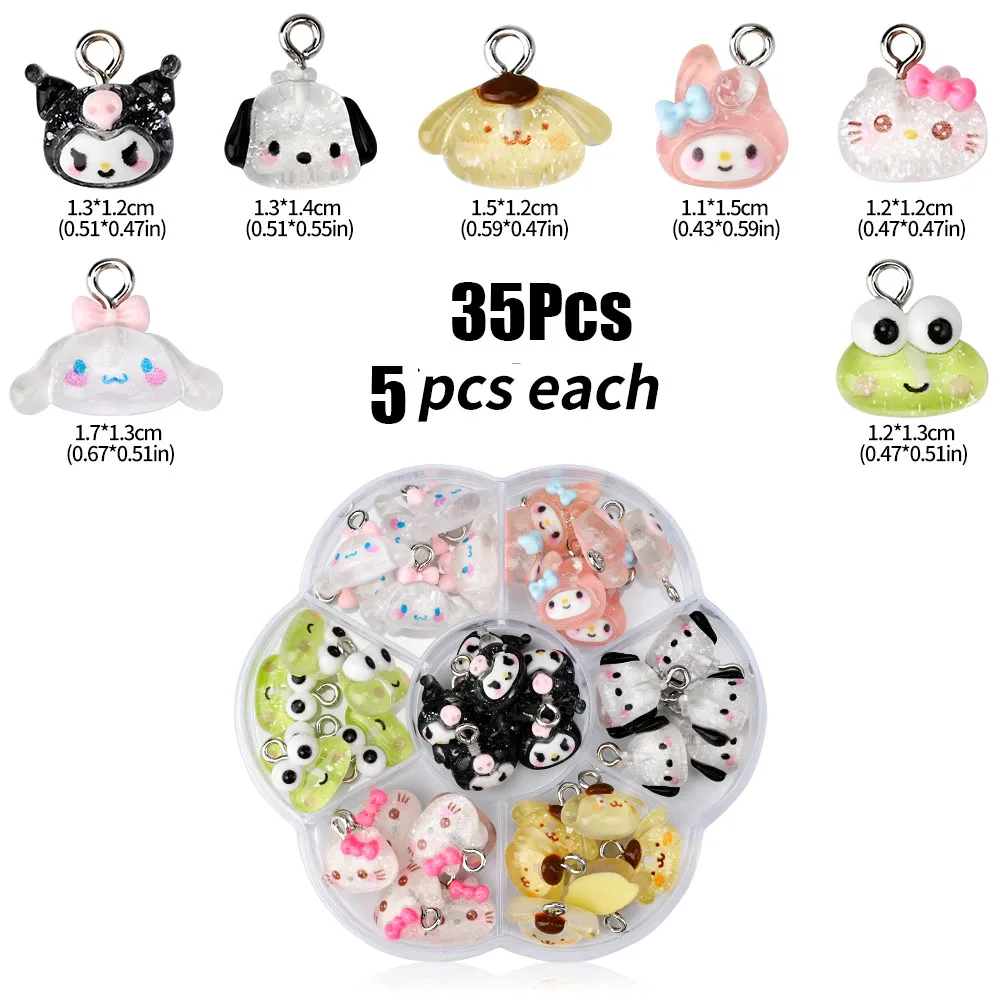 36/42/50/70Pcs MINISO Kawaii Kuromi Hellokitty Nail Charms 1Box Cartoon Resin Hello Kitty Kuromi Nail Art With Hoop Cute Craft