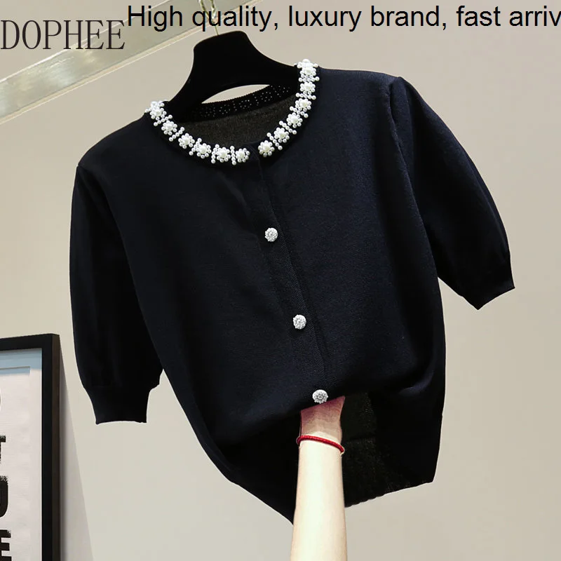 Summer 2023 New Single-breasted Ice Silk Short Sleeve Knitted Top All-match Solid Beaded Air-conditioning Shirt Cardigan Sweater