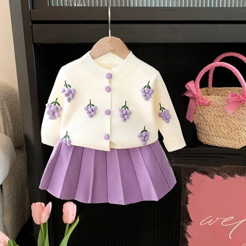 

Children's Suit Sweet Girl's Love Sweater Striped Knitted Skirt Two Pieces Suit