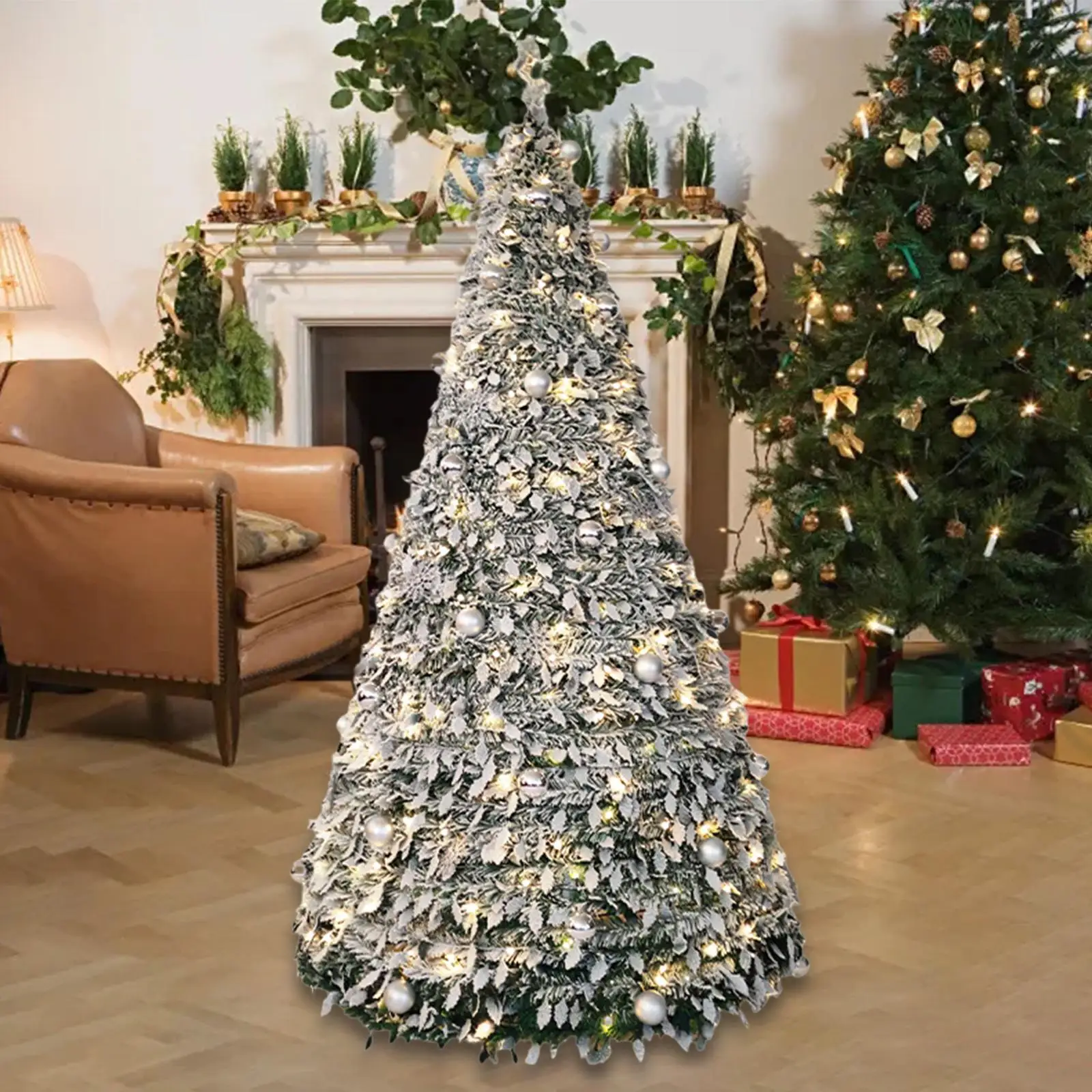 Foldable Artificial Christmas Tree with Decorative Lights PVC Material Reusable for Family Enjoy Xmas Porch Party Dining Rooms