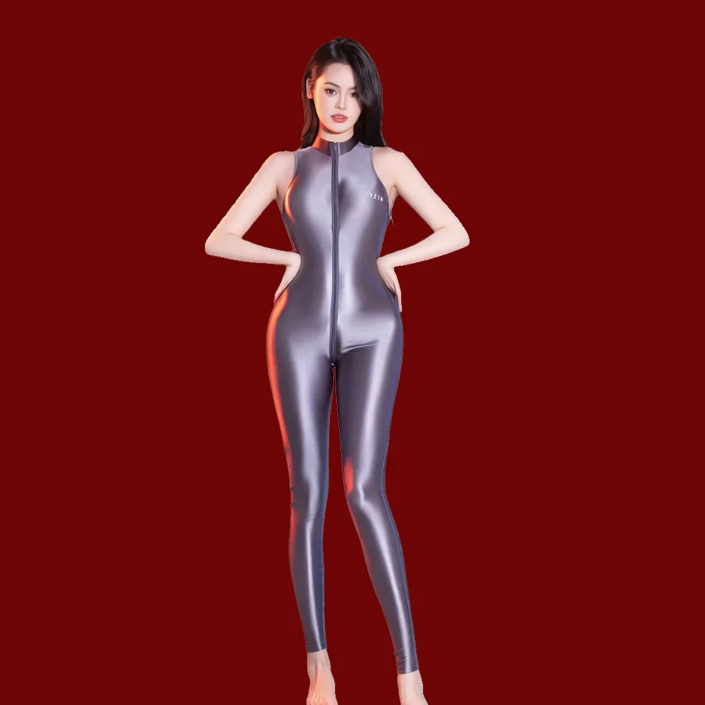 Fashion Women ZIpper Open Crotch Bodysuit Stain Smooth Oil Gloosy Shiny Elastic Tights Yoga Shaping Leggings Maid Dance Leotard