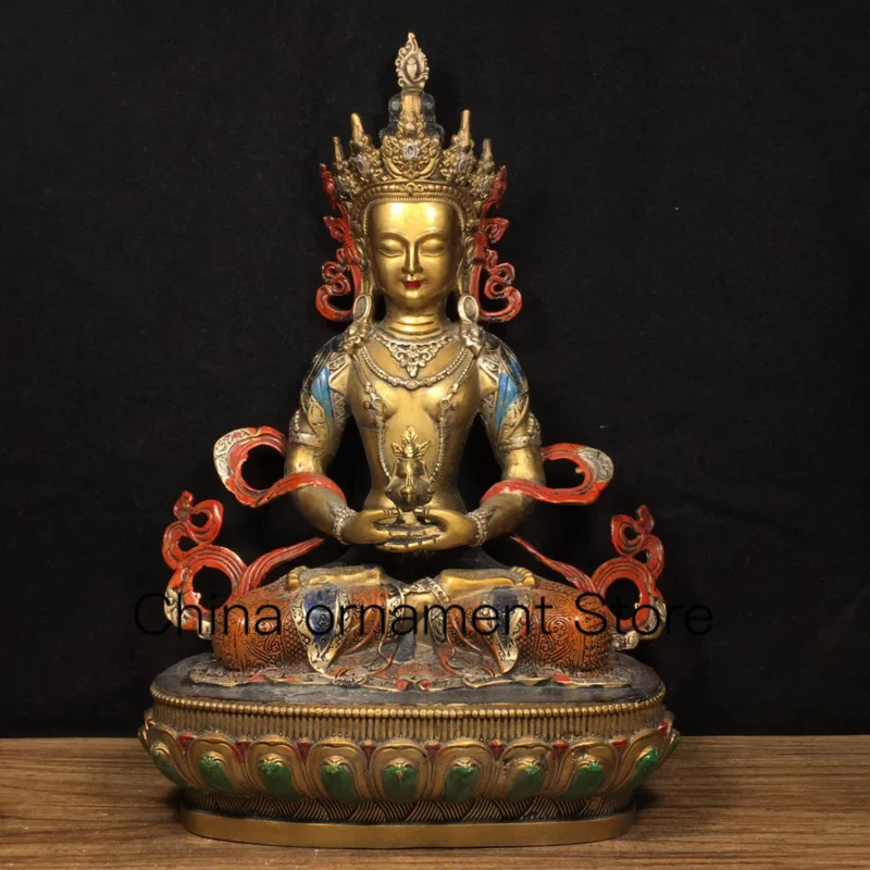 

30.5cm Tibetan pure copper painted face gilded longevity Buddha Guanyin Tara statue