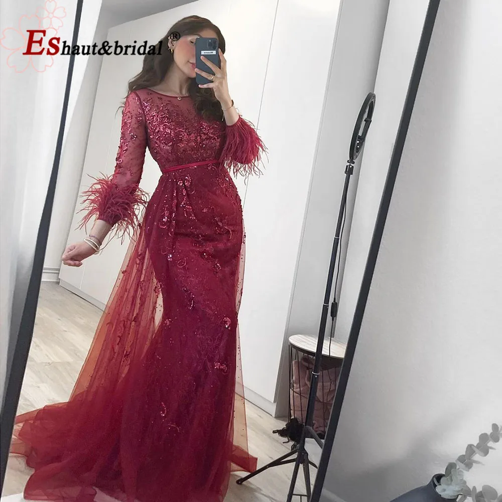 Luxury Mermaid Burgundy Evening Dress for Women 2024 Elegant O Neck Long Sleeves Beads Feather Formal Prom Wedding Party Gowns